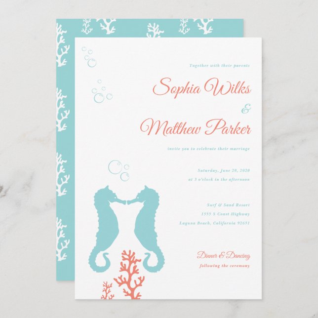 Aqua and Coral Seahorse Wedding Invitation (Front/Back)