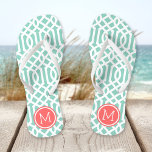 Aqua and Coral Trellis Monogram<br><div class="desc">Custom printed flip flop sandals with a stylish modern trellis pattern and your custom monogram or other text in a circle frame. Click Customise It to change text fonts and colours or add your own images to create a unique one of a kind design!</div>