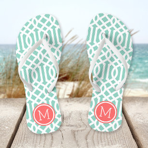 Aqua and Coral Trellis Monogram Jandals