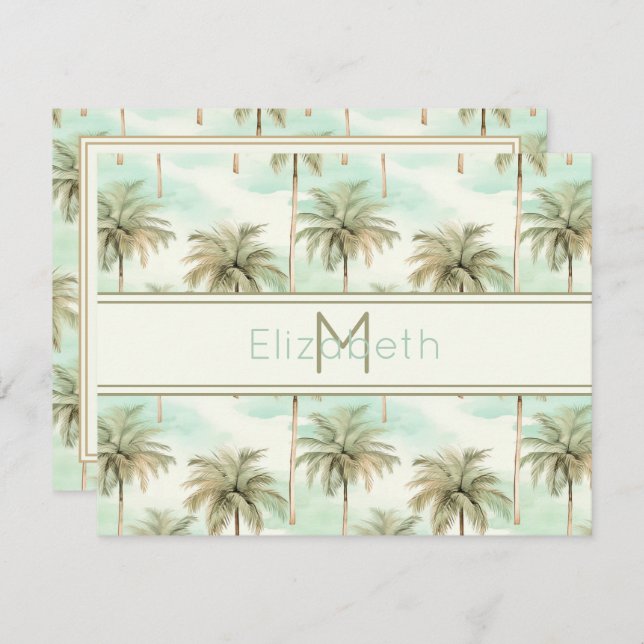 Aqua and Cream Tropical Palm Tree Monogram Card (Front/Back)