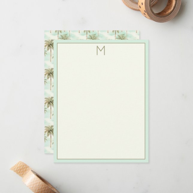 Aqua and Cream Tropical Palm Tree Monogram Card (Front/Back In Situ)