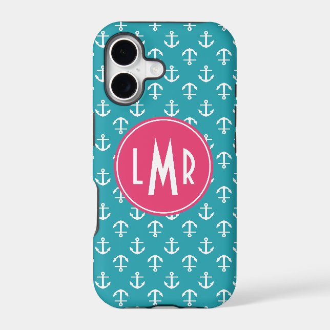 Aqua and Fuchsia Monogram Anchors Pattern (Back)