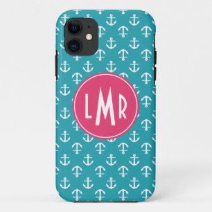 Aqua and Fuchsia Monogram Anchors Pattern Case-Mate iPhone Case