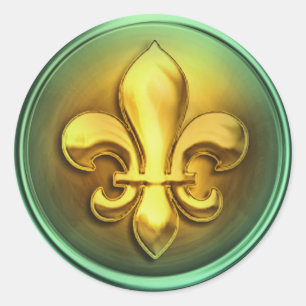 Aqua and Gold and Fleur de Lis Embossed Look Classic Round Sticker