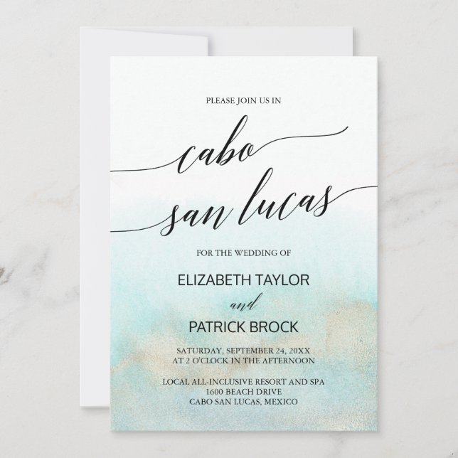 Aqua and Gold Beach Cabo San Lucas Wedding Invitation (Front)