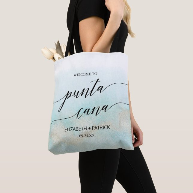 Aqua and Gold Beach Punta Cana Wedding Welcome Tote Bag (Close Up)