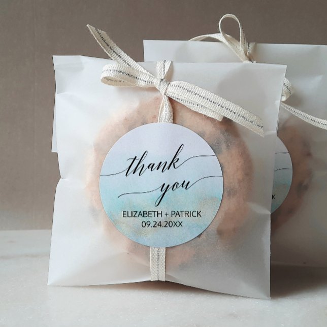 Aqua and Gold Beach Thank You Wedding Favour Classic Round Sticker (Creator Uploaded)