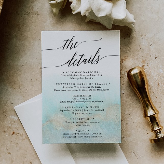 Aqua and Gold Destination Wedding Travel Details Enclosure Card (Creator Uploaded)