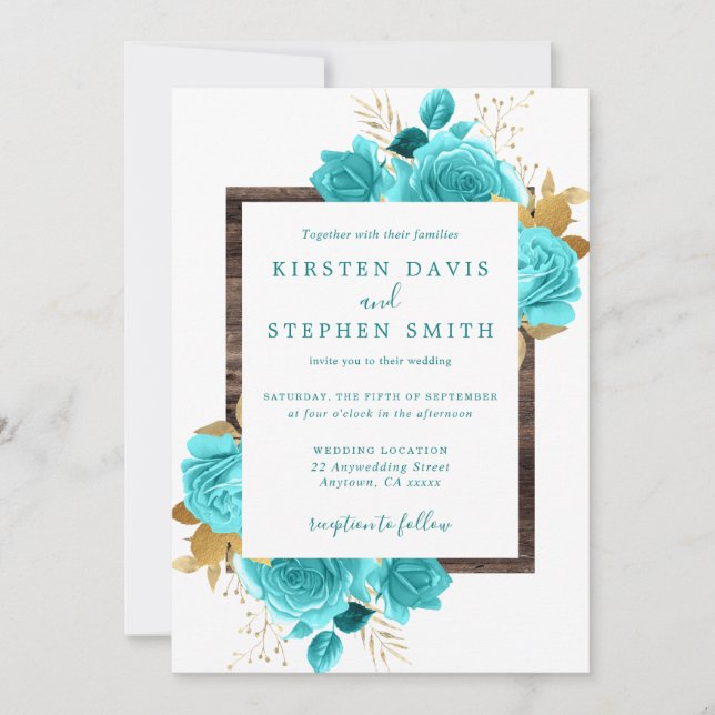 Aqua and Gold Floral Rustic Wood Wedding Invitation (Front)