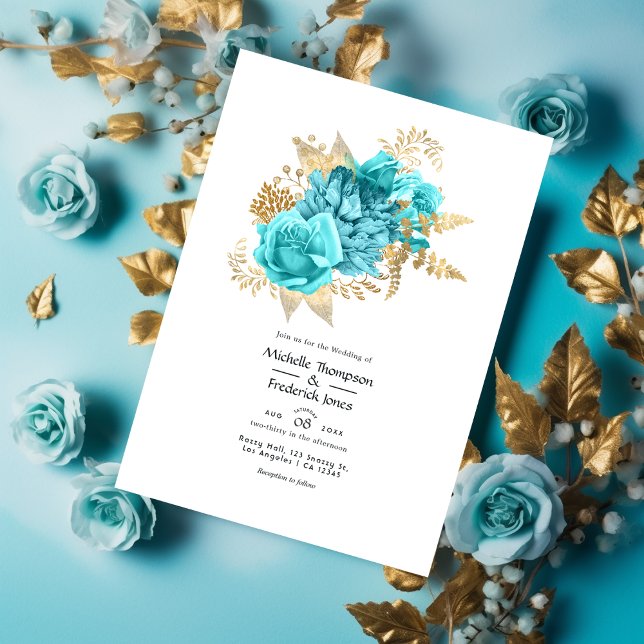 Aqua and Gold Floral Wedding Invitation (Creator Uploaded)