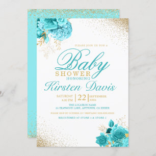 Aqua and Gold Glitter Floral Boy Baby Shower Invitation