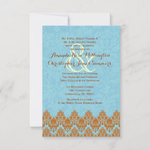 Aqua and Gold Lace and Grunge Damask Wedding V03 Invitation