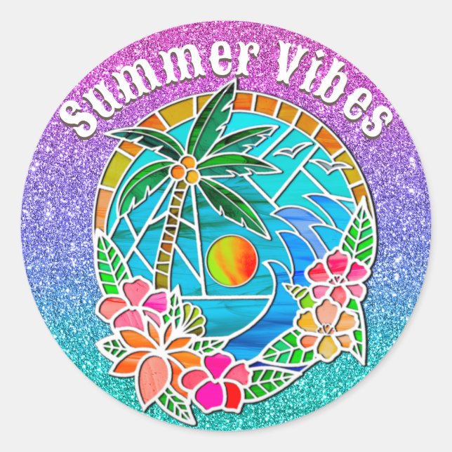 Aqua and Gold Ocean Palm Tree Summer Landscape Classic Round Sticker (Front)