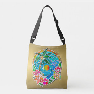 Aqua and Gold Ocean Palm Tree Summer Landscape Crossbody Bag
