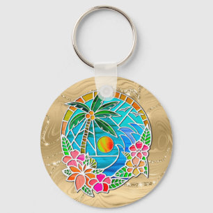Aqua and Gold Ocean Palm Tree Summer Landscape Key Ring