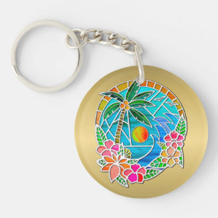 Aqua and Gold Ocean Palm Tree Summer Landscape Key Ring