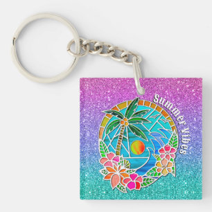 Aqua and Gold Ocean Palm Tree Summer Landscape Key Ring