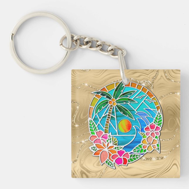Aqua and Gold Ocean Palm Tree Summer Landscape Key Ring (Front)
