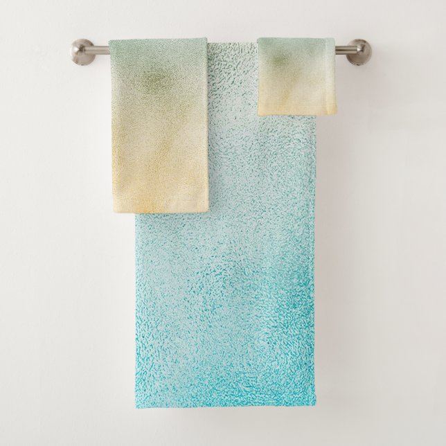 Aqua and Gold Ombre Foil Bath Towel Set (Insitu)
