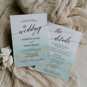 Aqua and Gold Watercolor Beach All In One Wedding Invitation
