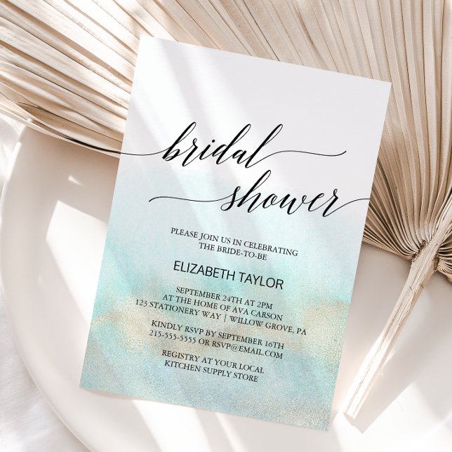 Aqua and Gold Watercolor Beach Bridal Shower Invitation (Creator Uploaded)