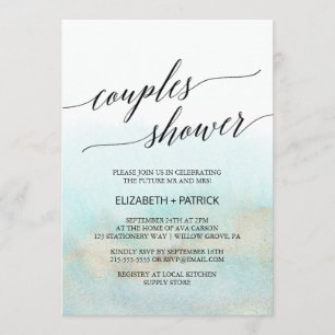 Aqua and Gold Watercolor Beach Couples Shower Invitation