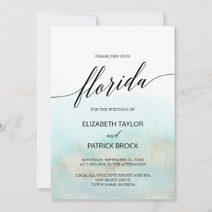 Aqua and Gold Watercolor Beach Florida Wedding Invitation