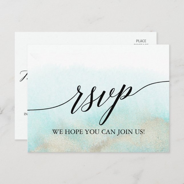 Aqua and Gold Watercolor Beach Menu Choice RSVP (Front/Back)