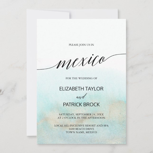 Aqua and Gold Watercolor Beach Mexico Wedding Invitation (Front)