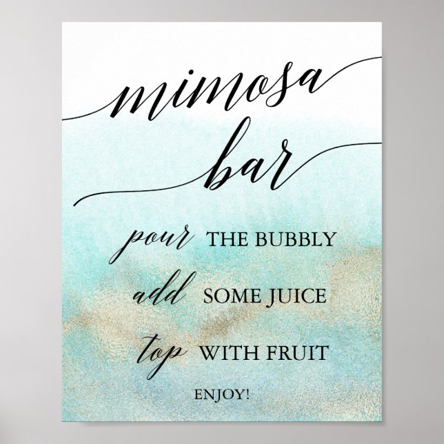 Aqua and Gold Watercolor Beach Mimosa Bar Sign (Front)