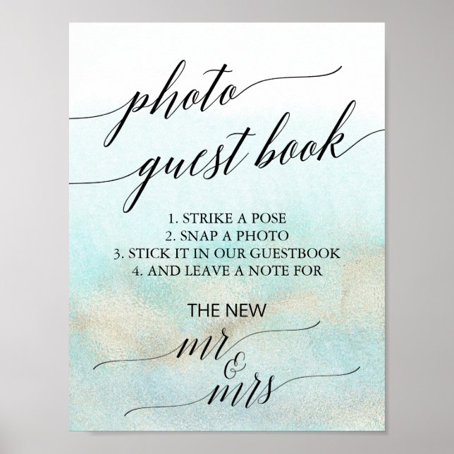 Aqua and Gold Watercolor Beach Photo Guest Book (Front)