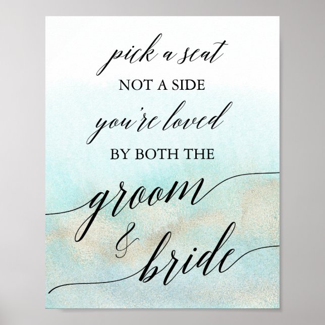 Aqua and Gold Watercolor Beach Pick A Seat Sign (Front)