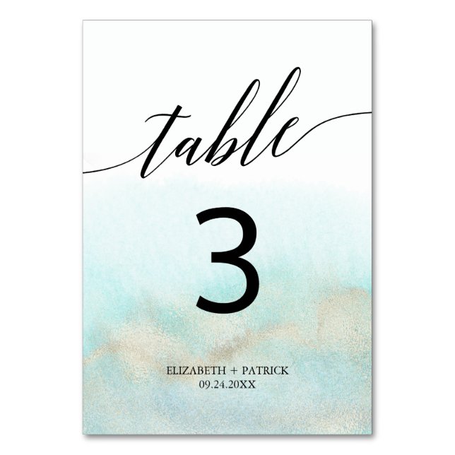 Aqua and Gold Watercolor Beach Table Number (Front)