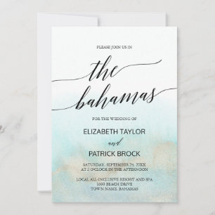 Aqua and Gold Watercolor Beach The Bahamas Wedding Invitation