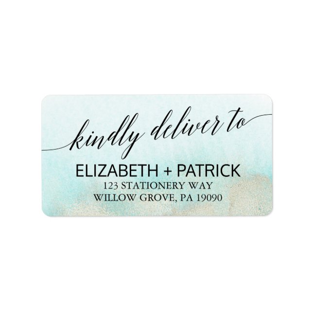 Aqua and Gold Watercolor Beach Wedding Label (Front)
