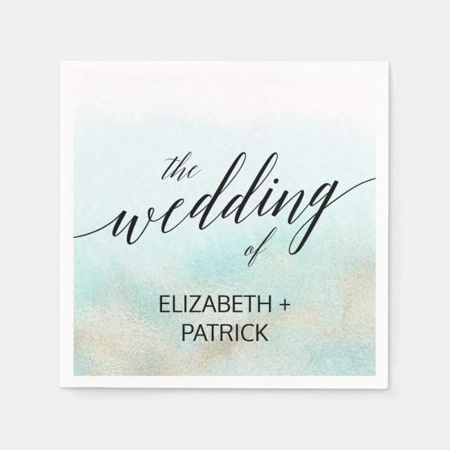 Aqua and Gold Watercolor Beach Wedding Napkin (Front)
