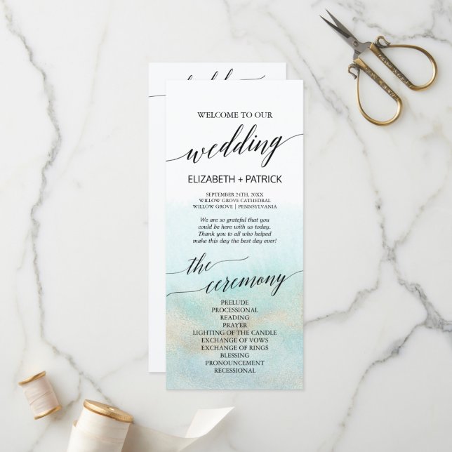 Aqua and Gold Watercolor Beach Wedding Program Programme (Front/Back In Situ)