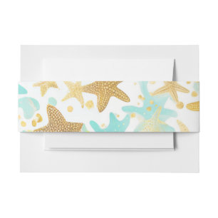 Aqua And Gold Watercolor Beachy Starfish Invitation Belly Band