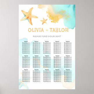 Aqua And Gold Watercolor Beachy Starfish Wedding  Poster