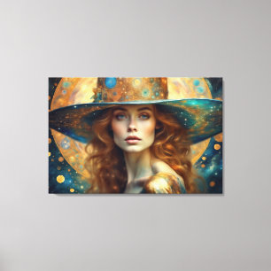 Aqua and Gold Woman in Hat Blue Eyes Auburn Hair Canvas Print