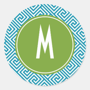 Aqua and Green Greek Key Pattern Monogram Classic Round Sticker