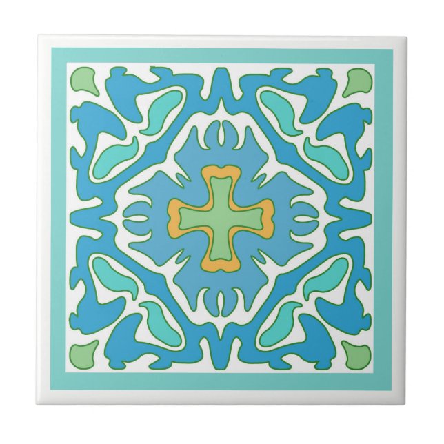Aqua and Green Spanish Tile with Orange Accent (Front)