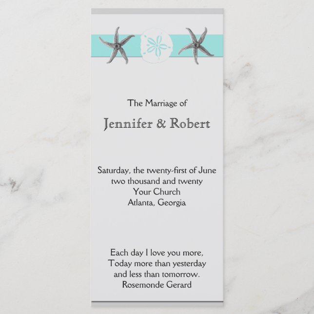 Aqua and Grey Band Starfish Wedding Program Programme (Front)