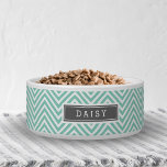 Aqua and Grey Chevron Monogram<br><div class="desc">Custom designed dog food or water bowl with a chic girly modern chevron print pattern. Personalise it with your pet's name in a rectangle frame. Click Customise It to change text font and colours to create a unique one of a kind design!</div>
