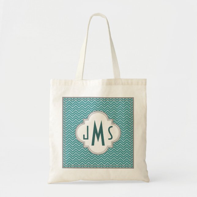 Aqua and Grey Chevron Monogram Bag (Front)
