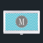 Aqua and Grey Chevron Pattern Custom Monogram Business Card Holder<br><div class="desc">Bold,  geometric patterns with monograms. This trendy design includes popular colours. If you need to adjust the artwork,  click on the customise button and make changes.</div>