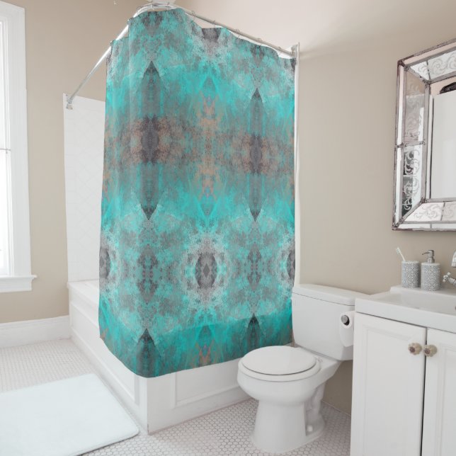 Aqua and Grey Geometric Paint Shower Curtain (In Situ)