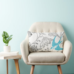 Aqua and Grey Vintage Modern Floral Bird Pattern Lumbar Cushion