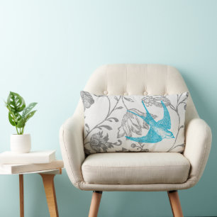 Aqua and Grey Vintage Modern Floral Bird Pattern Lumbar Cushion
