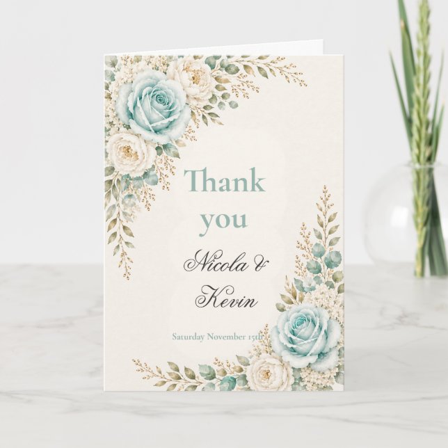 Aqua and Ivory Wedding Thank You Card (Front)